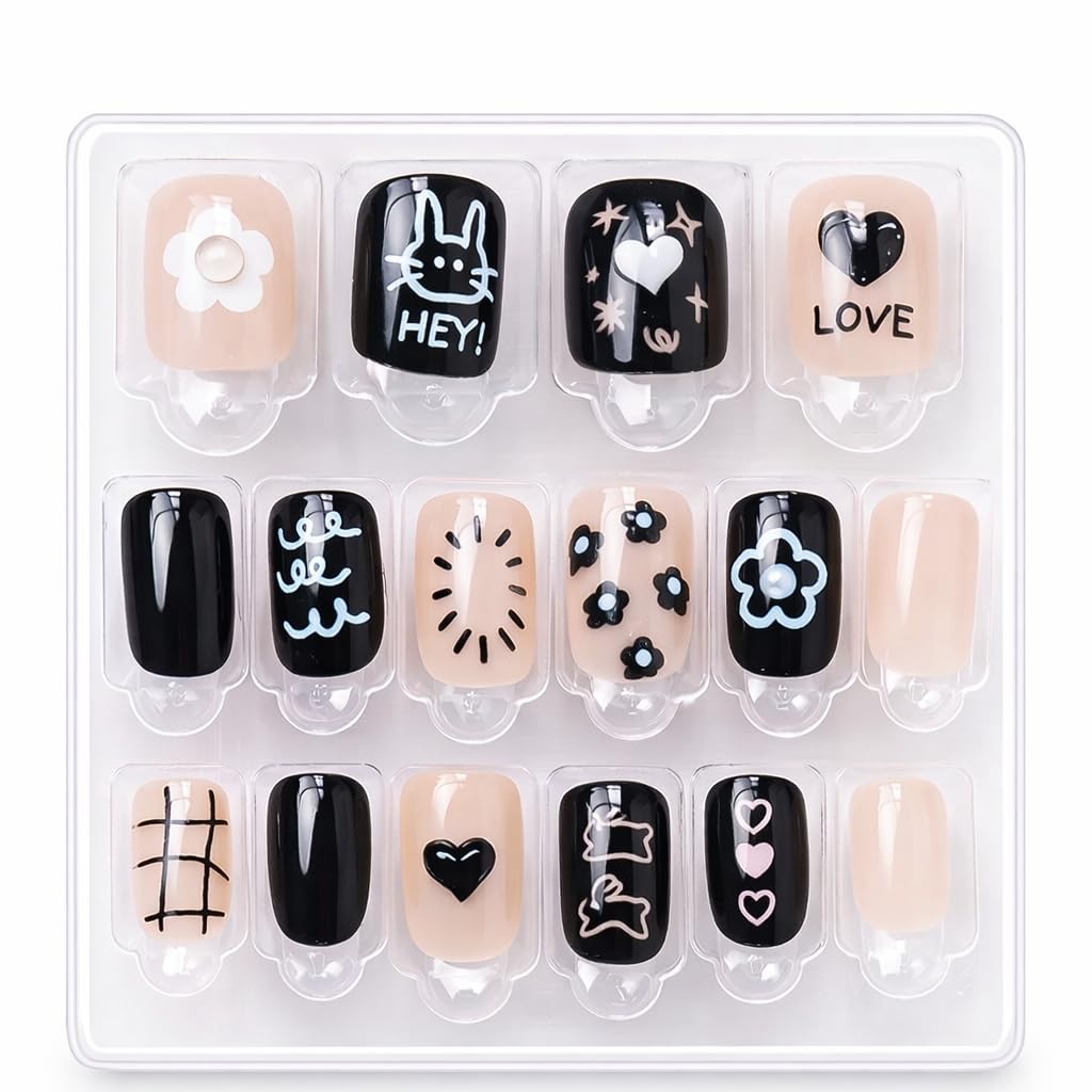 Cute Korean Press On Nails Set – Short Square Glossy Fake Nails with Teddy Bear & Ribbon Heart Designs, Reusable Stick-On Nails with Adhesive Tabs, DIY Manicure Kit (32 Tips / 2 Designs)
