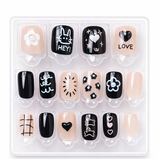 Cute Korean Press On Nails Set – Short Square Glossy Fake Nails with Teddy Bear & Ribbon Heart Designs, Reusable Stick-On Nails with Adhesive Tabs, DIY Manicure Kit (32 Tips / 2 Designs)