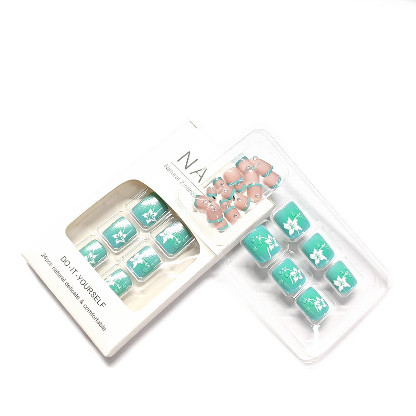 24Pcs Summer Press on Toenails,Short Square Fake Toe Nails with White Flower Rhinestones Designs Cyan French Tips Toe Nail Press Ons Full Cover Acrylic Glossy False Toenails for Women