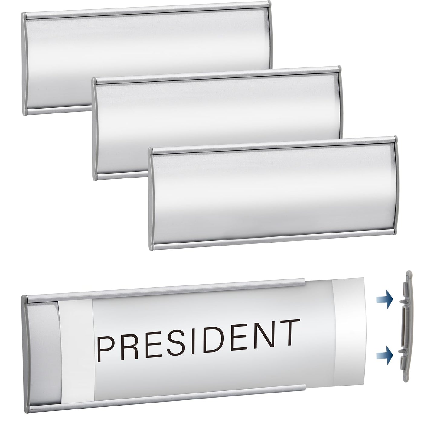 Plecterco 4 Pcs Office Door Signs - 8" x 3" Curved Name Plate Holders for Office, Wall-Mount Door Signs with Plastic Film and Adhesive Tape (Silver) (4, Silver)