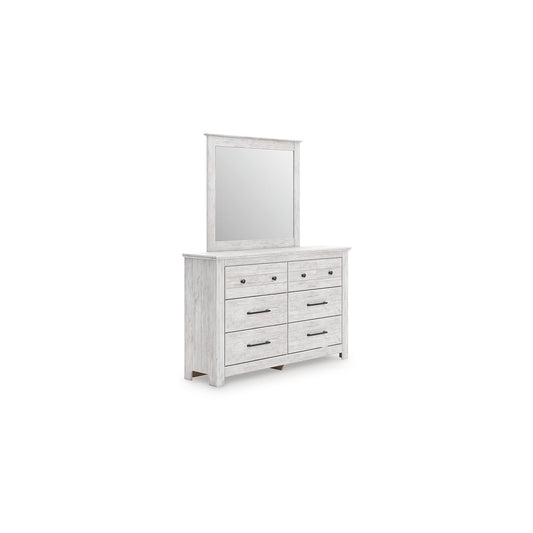 Signature Design by Ashley Fenderport Dresser with Mirror, Bedroom Storage with Six Smooth-Gliding Drawers and Attached Mirror, Whitewash Cottage Style Finish