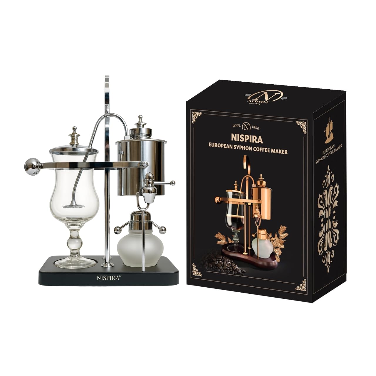 Nispira Belgian Balance Syphon Vacuum Coffee Maker, 500 ml Vintage Gravity Brewing System, Silver Finish, Manual Tabletop Coffee Brewer