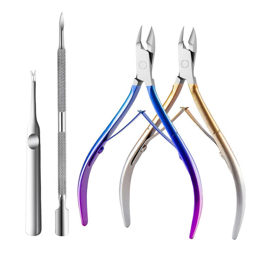 Cmetta Cuticle Nipper, Polished Coated Durable Trimmer with Pusher, Nail Clipper with Fine Edge, Comfort Grip Cuticle Cutter and Remover Tool Kit for Nail Care (Yellow+ Blue+ Pusher)