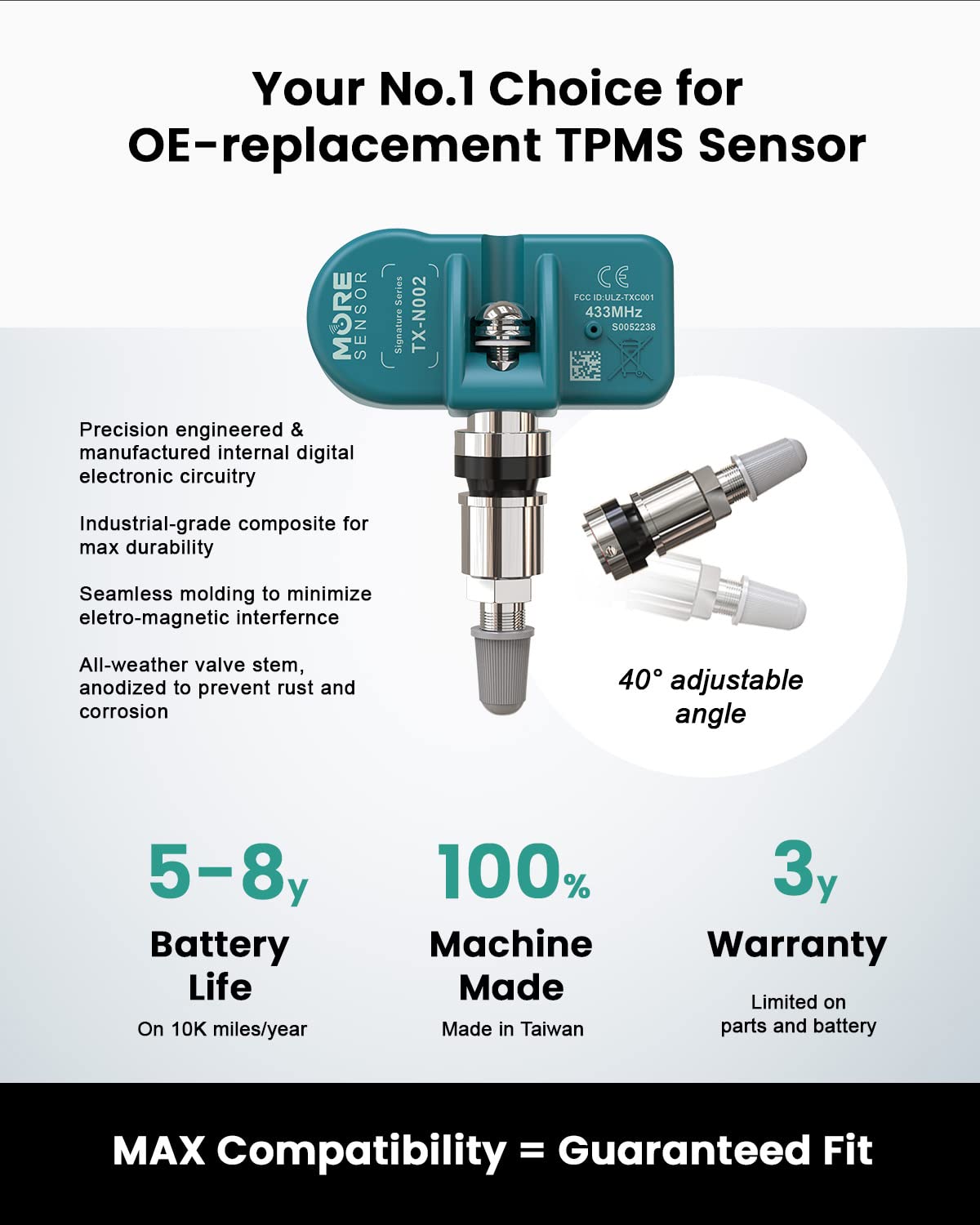 MORESENSOR Signature Series 433MHz TPMS Tire Pressure Sensor 4-Pack | Preprogrammed for Select 850+ European/American Brand Models | Replacement for 56029398AA | Clamp-in | NX-S033-4