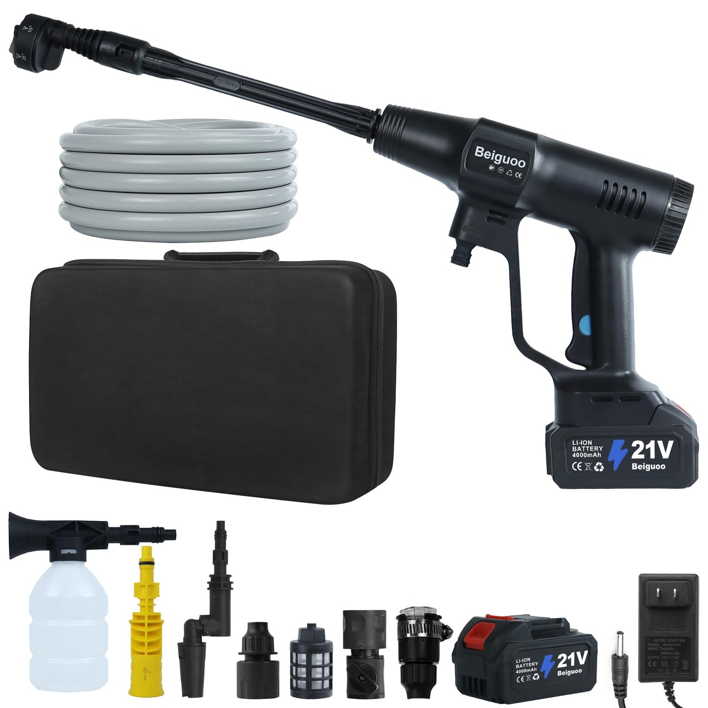 Beiguoo Cordless Pressure Washer 1450 PSI, Cordless Power Washer Gun, 2 4000mAH Battery Operated Power Pressure, Portable High Pressure Washer with 6-in-1 Nozzel for Car/Floor/Fence/Sidewalk, Black