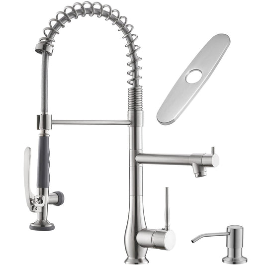 GIMILI Commercial Kitchen Faucet with Pull Down Sprayer, Double Headed Single Handle High Pressure Kitchen Faucet with Soap Dispenser Brushed Nickel
