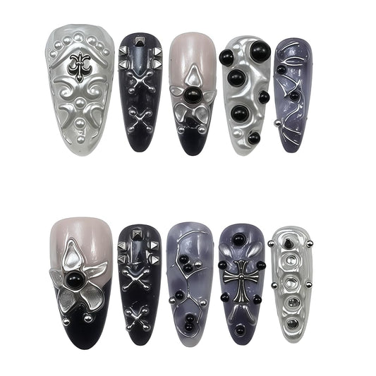 WZHAOJUN Handmade Press On Nails,Medium Black Gothic Presson Nails For Women,10pcs Abs Material Fake Nails With Design-Reusable Glue On Hand Made Nails For Party Wedding(10Pcs Size M)