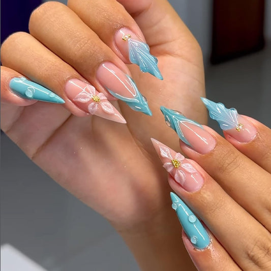 Long Stiletto Press On Nails French Tip Fake Nails Flower With 3D Wave Design Full Cover Blue Glue On Nail Reusable Acrylic Summer False Nails Glossy Artificial Stick On Nail For Women 24pcs