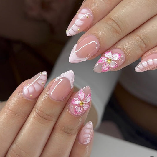 Short Almond Press on Nails Pink Flower Fake Nails Spring Summer Nails Press ons with Design,Reusable Artificial Nail Full Cover Stick on Nails for Women Manicure 24Pcs