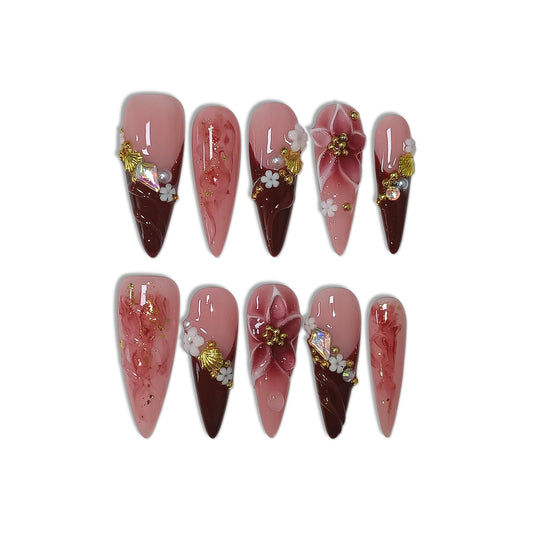 TENPAL Handmade Press on Nails Long Stiletto - Burgundy French Tips 3D Floral Embossed Glossy False Nails for Women Girls Fall Winter- Glossy Acrylic Y2K Nails for Parties Date Daily Wear(L)