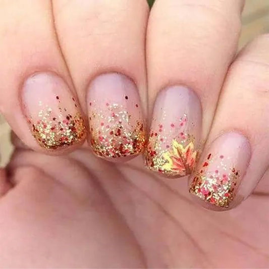 Thanksgiving Press on Short Nails Square Shaped Acrylic Glossy Full Cover Square Fall False Nails with Maple Leaf Designs Artificial Autumn Leaves Glue ons Square Fake Nails for Women Girls(YS06)