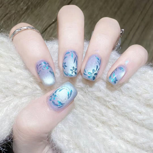 Square Press on Nails Short Cat Eye Fake Nails Blue 3D Flowers Acrylic Nails Glossy Shiny Artificial Nails Purple Leaf False Nails Glitter Glue on Nails for Women Girls Manicure Nails Decoration
