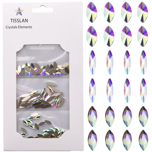 Tisslan 100pcs Crystal Ab Flatback Marquise Rhinestones 3D Nail Art Decoration 3 Designs Mix Sparkling Accessories
