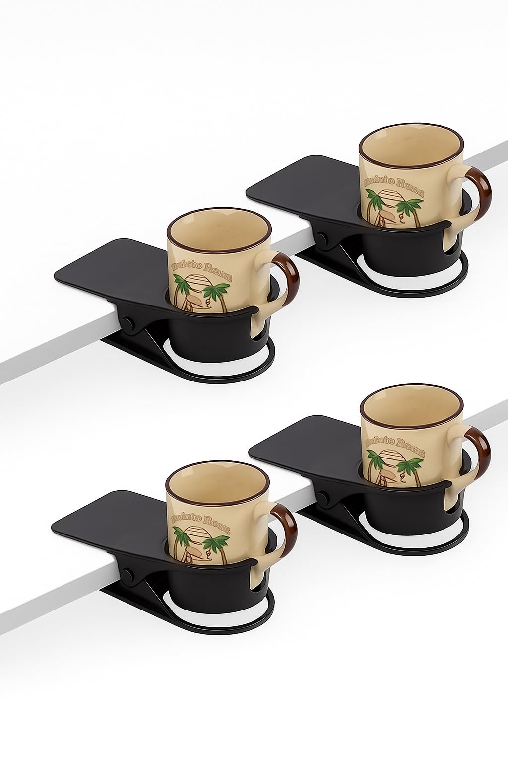 AISLE 3 ESSENTIALS Desk Cup Holder Clamp 4 Pack, Clip On Cup Holder for Desk, Anti Spill Drink Holder with Phone Slot, Clamp On Holder for Coffee Mug Water Bottle Gaming Desk