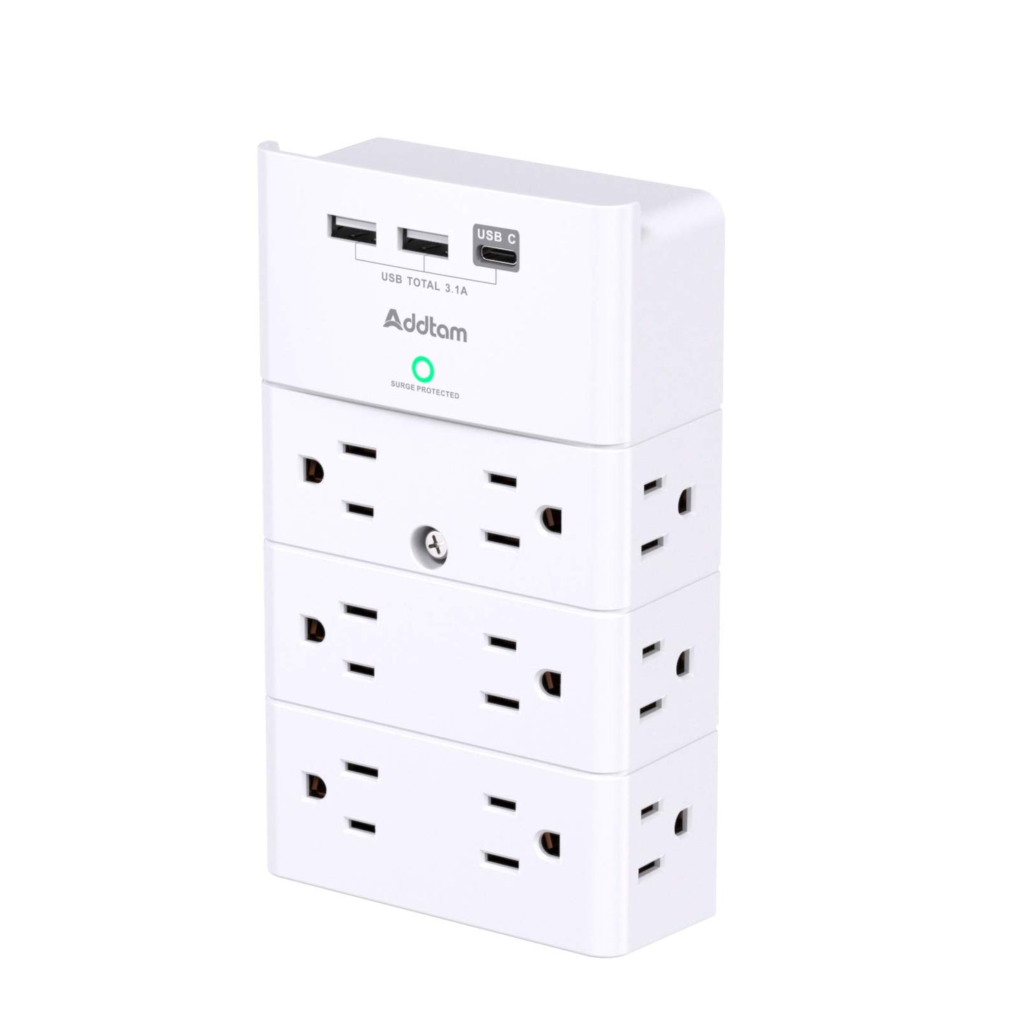 Addtam Multi Plug Wall Outlet, Surge Protector Wall Mount with 12 Outlet Extender 4 Sides and 3 USB Ports (1 USB-C), Outlet Splitter Power Strip for Home Office Dorm Room Essentials, White