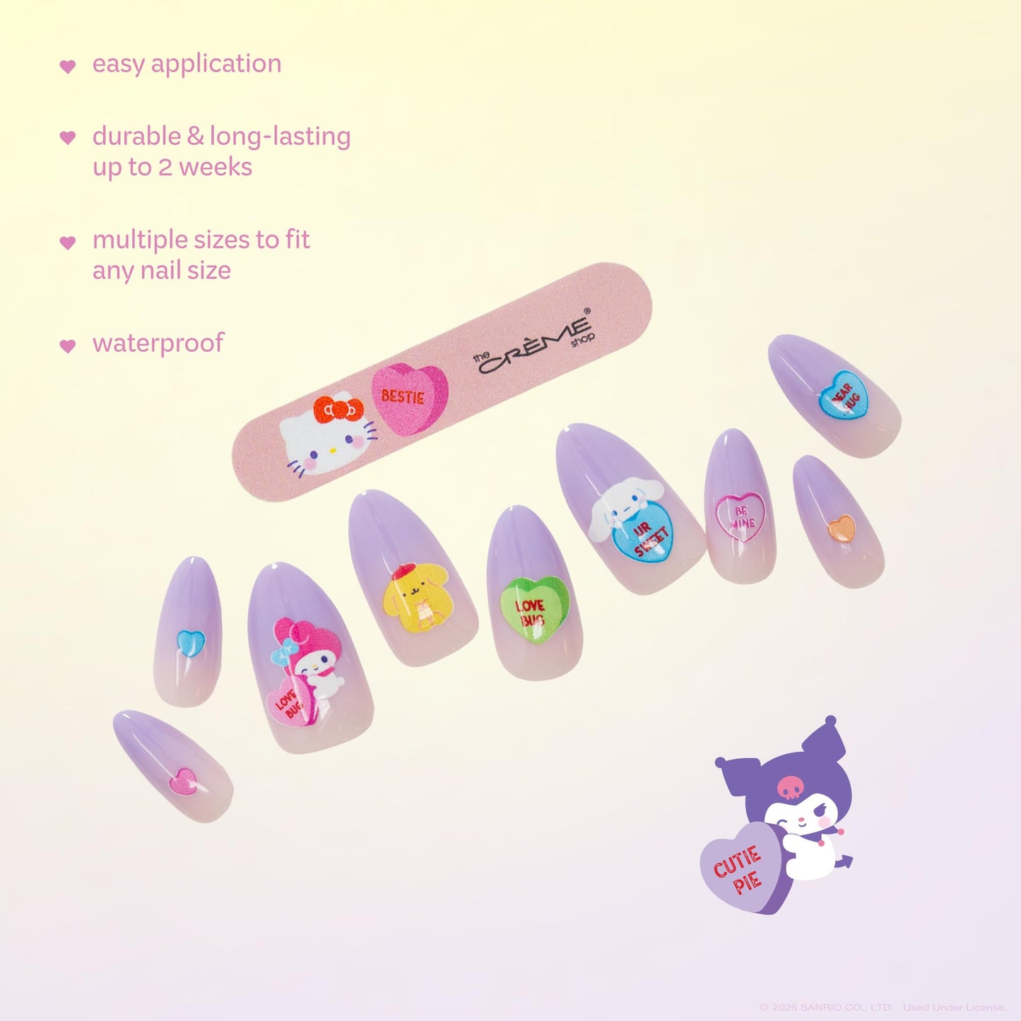 The Crème Shop x Hello Kitty & Friends x Sweethearts Collection Press On Nails, Almond Shape, 28 Nails Kit with Glue and Tools (Bestie)