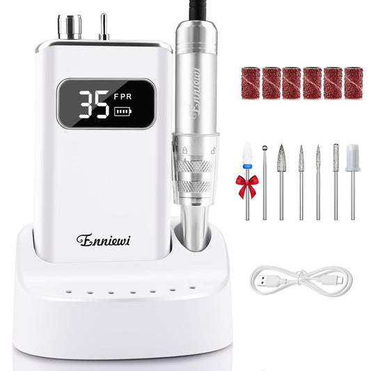 Enniewi Electric Nail Drill File, Professional Portable Nails Drills Kit with Rechargeable Base 7 uñas Bits, Cordless Efile for Poly Gel Acrylic Nails Remover Home Salon Pedicure Manicure Tool, White