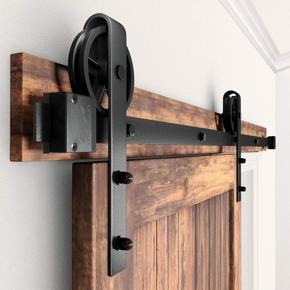 WINSOON 5-16FT Single Wood Sliding Barn Door Hardware Kit 8FT Basic Black Big Spoke Wheel Roller Garage Closet Carbon Steel Flat Track System (8FT)
