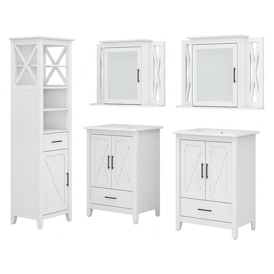 Bush Home Key West 48W Double Vanity Set with Sinks, Medicine Cabinets and Linen Tower in White Ash