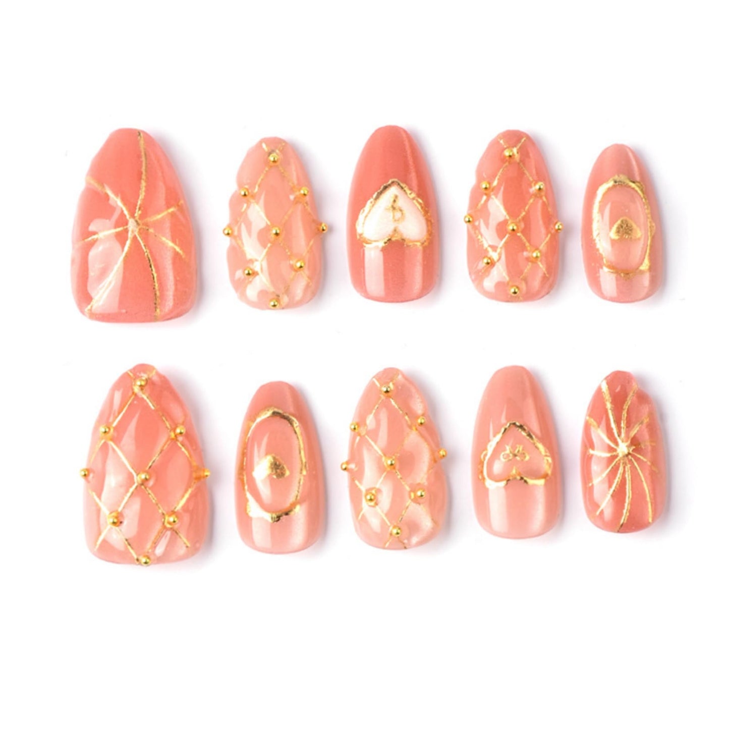 octoswave Press on Nails Medium Almond Fake Nails 3D Artificial Nail Glossy Gold Charm Stick on Nail for Women 30pcs