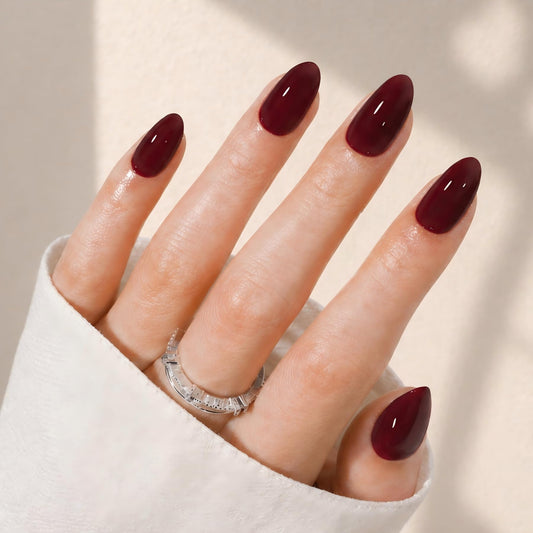 LAHUYA Press On Nails – Velvet Wine | Nail Artist Designed Short Almond Fake Nails with Deep Wine Red Glossy Finish, Reusable Press On Nails in 15 Sizes – 30 Nails Kit with Glue