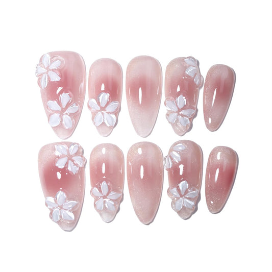 10Pcs Medium Almond Handmade Press On Nails | Easy Apply & Remove, Reusable Salon Quality Nails | Romantic Pink Gradient Fake Nails with 3D Floral & Glitter Accents(5U14, M)