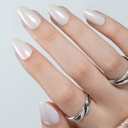 White Press On Nails Almond - White Almond Fake Nails, Short Press On Nails Chrome Reusable Stick On Nails in 16 Sizes, 32pcs False Nail Kit for Women & Girls(Pearl Whisper)
