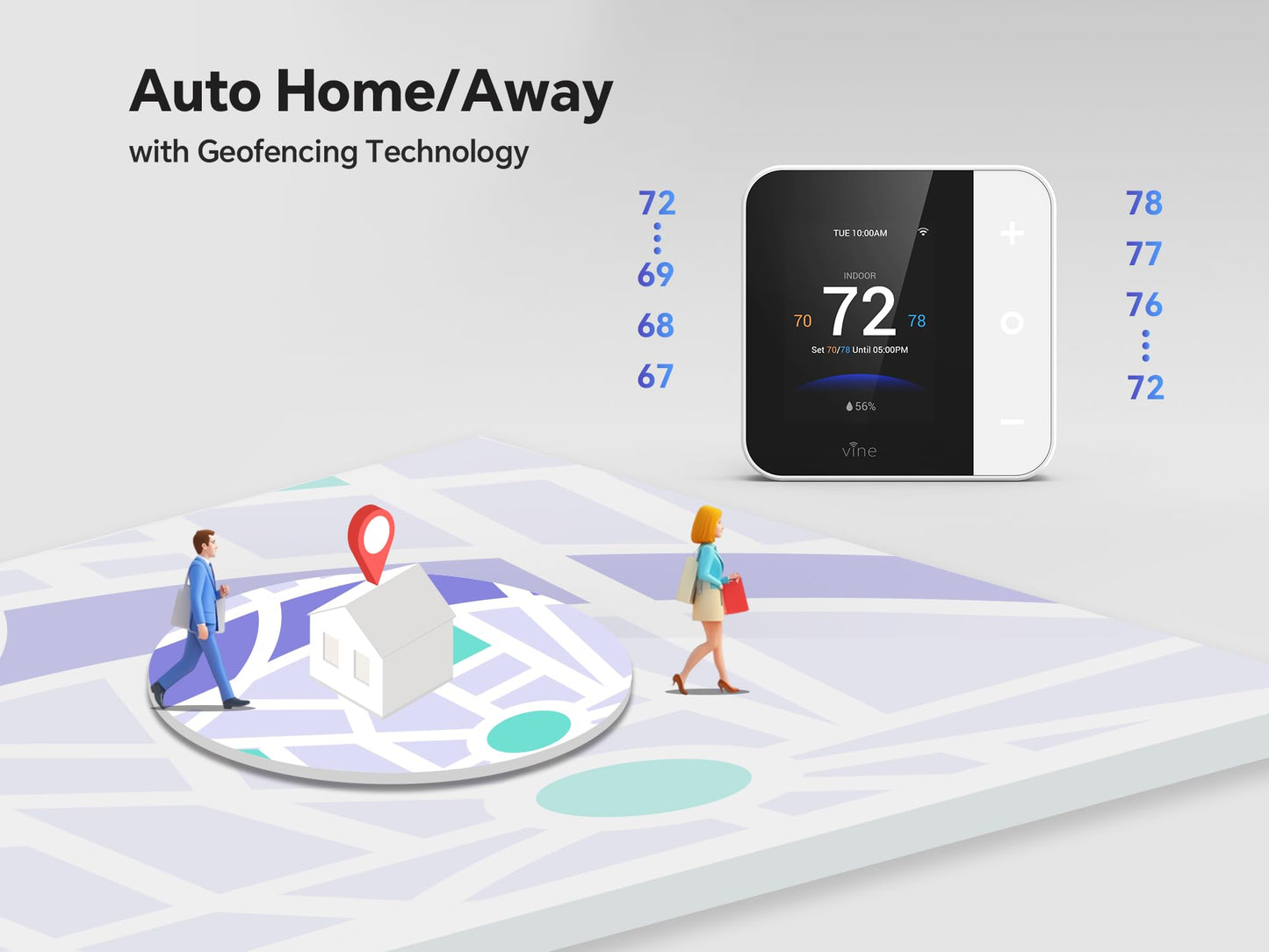 vine Smart Thermostat for House, WiFi Thermostats for Home Compatible with Alexa and Google Assistant, 7day x 8period Programmable, Energy Star Certified, C-Wire Required