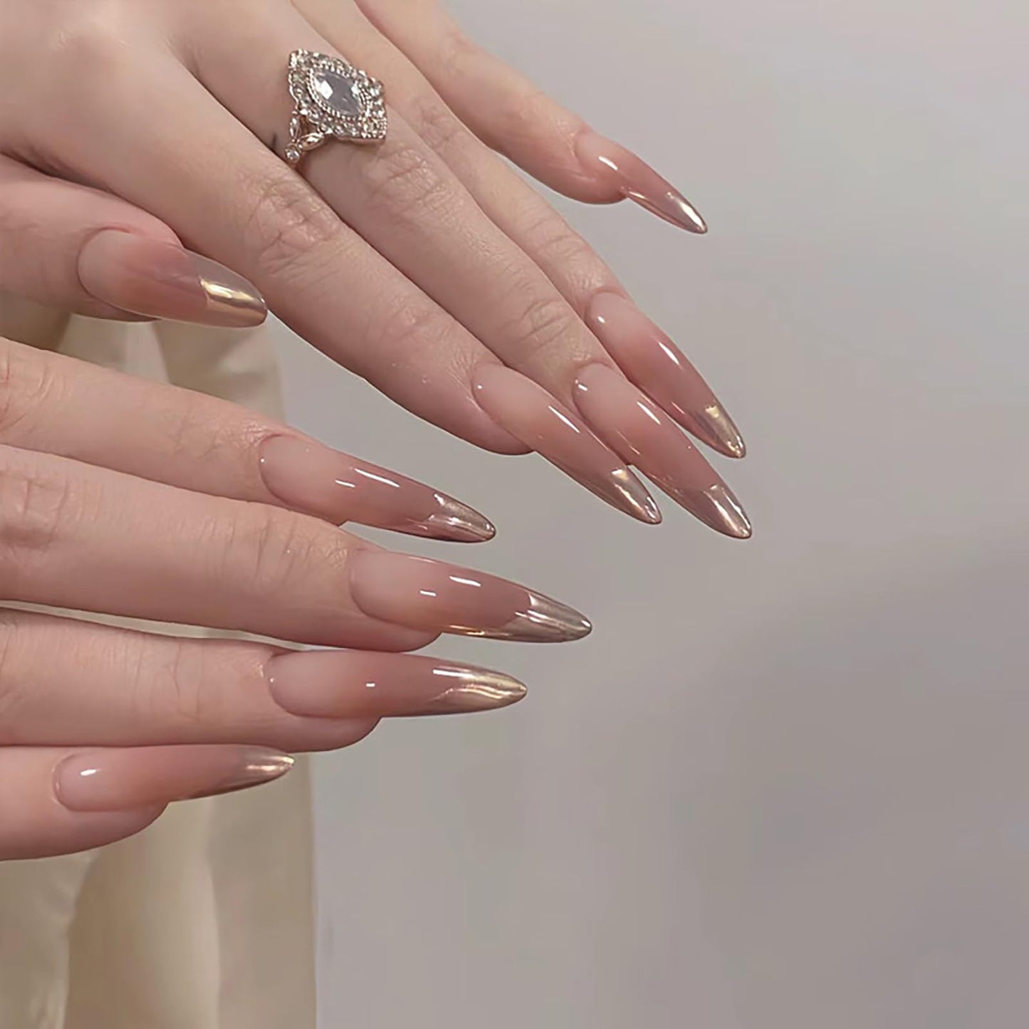 French Tip Press on Nails Long Almond Fake Nails Gradient Nude Gold Press ons Acrylic Nails False Glossy Full Cover Artificial Stick on Nails for Women Girls 24 Pcs