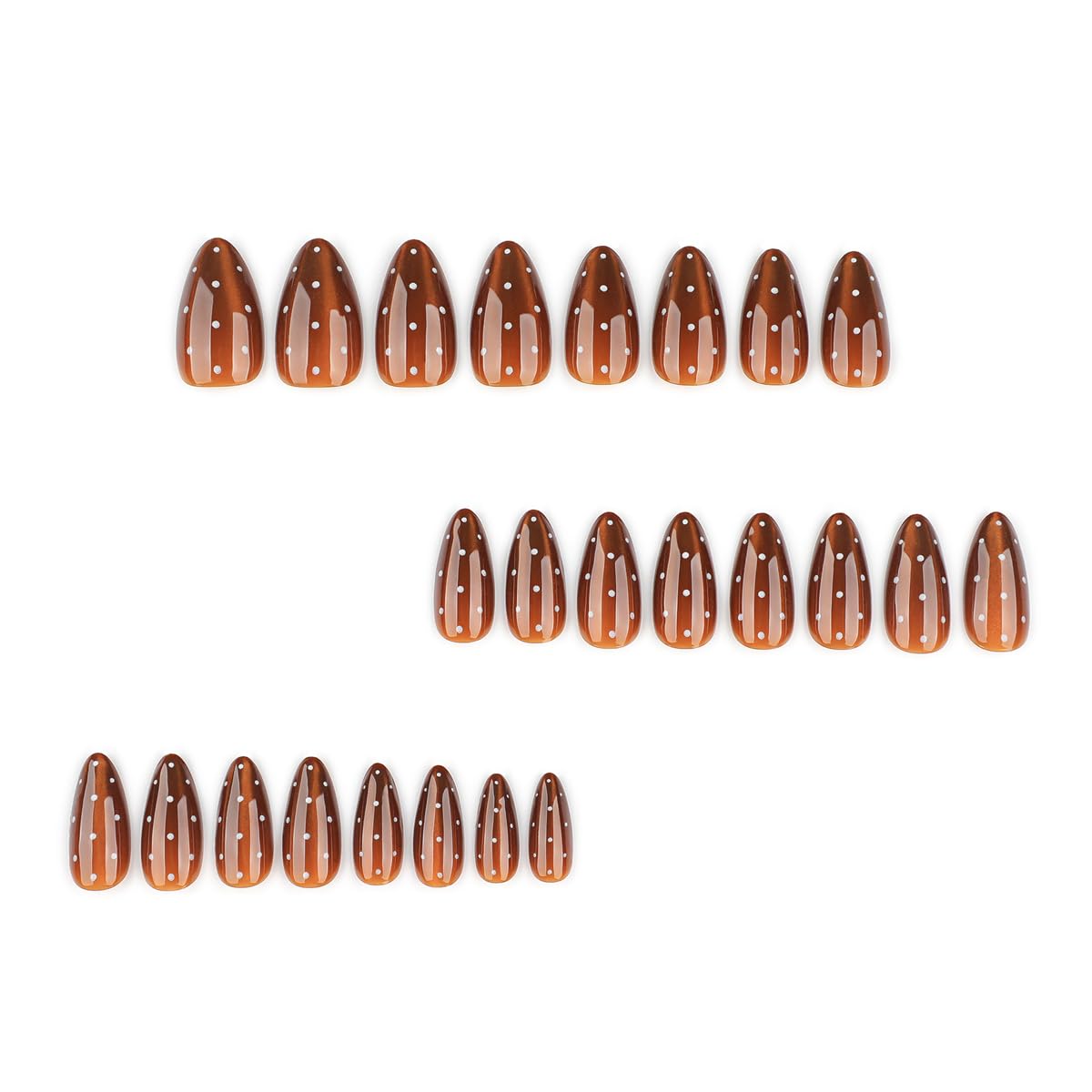 Brown Cat Eye Press on Nails - Medium Almond Fake Nails with Polka Dot Designs False Nails Glossy Glue on Nails Reusable Full Cover Stick on Nails for Women Manicure 24Pcs