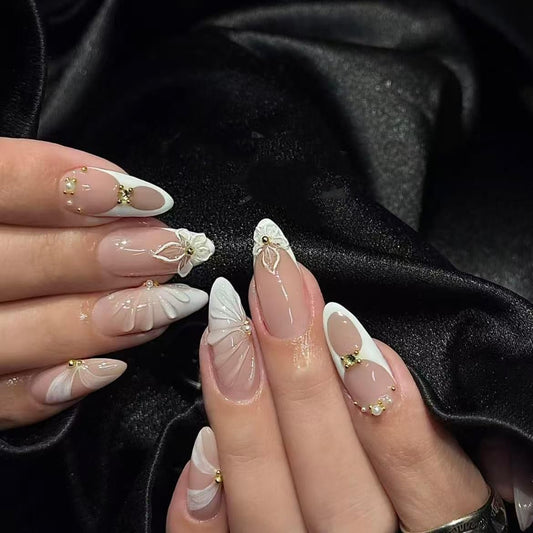 Handmade French Tip Press on Nail Almond Fake ons with Designs Chrome False Nails Long Glossy Full Cover Glue on Nails Stick Women Nails Manicure Decoration 10Pcs (MT-178-M)