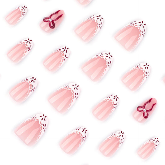 3D Bow French Tip Press on Nails Medium Almond Fake Nails Flower Tip Stripe Stick on Nails with Designs Spring Nails Press ons Salon Quality Artificial Nails for Women 24Pcs