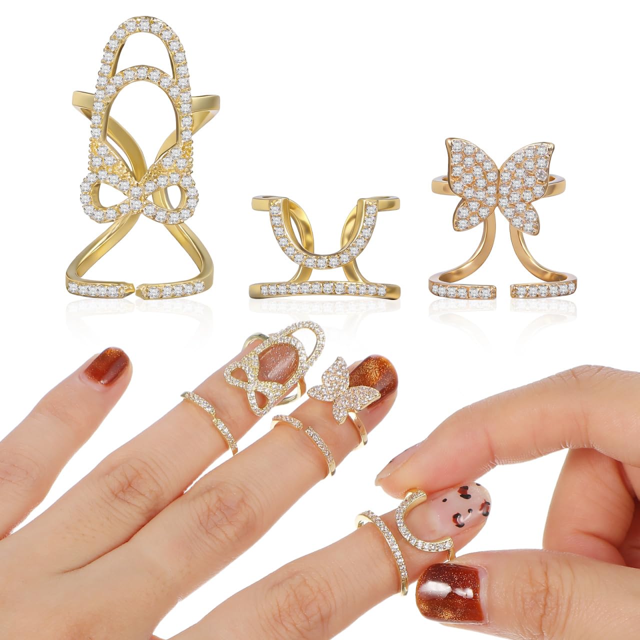 Beaupretty 3pcs Wear Manicure Nail Finger Jewelry Fingernail Rings Jewelry Fingernail Tip Rings for Women Set Zircon Metal Miss