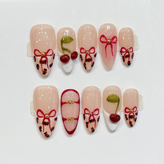 Luxury Press on Nails Medium Almond Handmade 3D Unique Reusable Fake Nails French Tip False Nails with Bow Cherry Designs Nude Leopard Print Glossy Glue on Nail Thick Acrylic Nail for Women10Pcs（S)