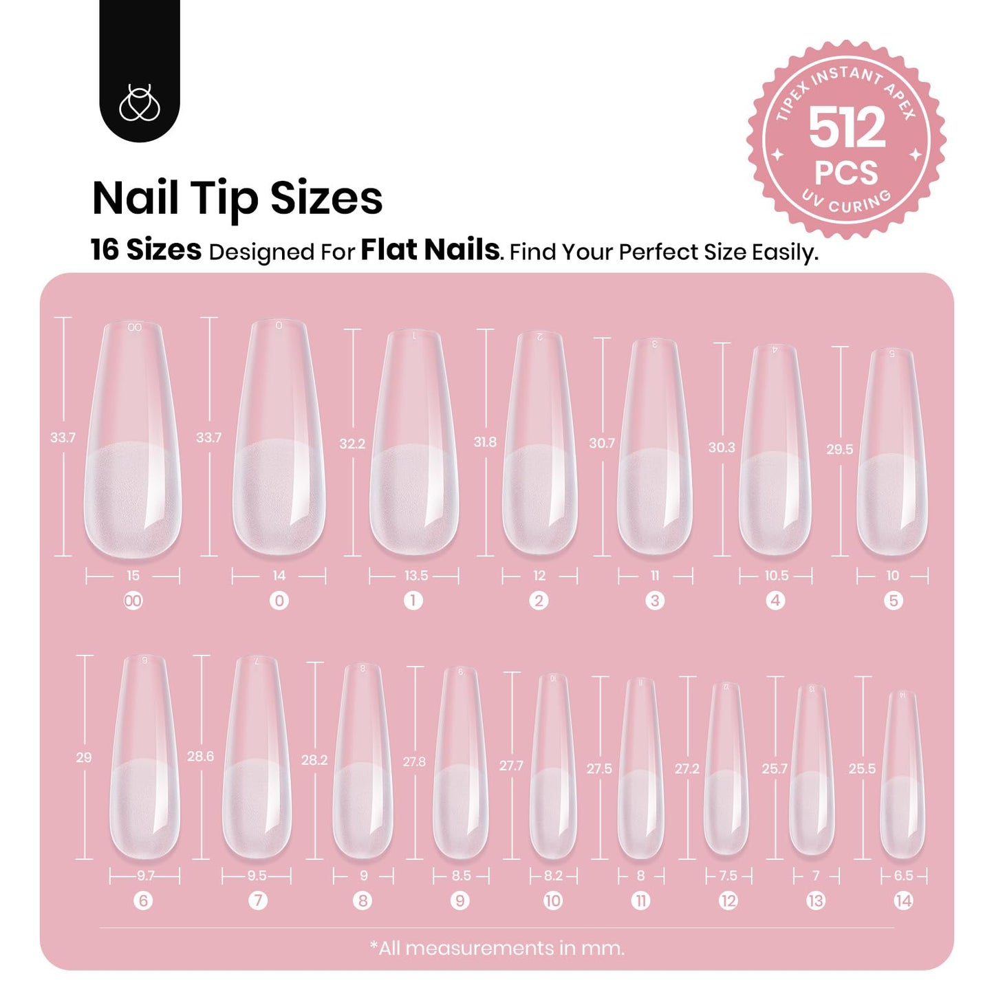 Beetles Tipex Instant Apex Nail Tips Coffin Long 16 Sizes 512 Pcs Pre-Etched Pre-Building Strong Thick Acrylic Tips