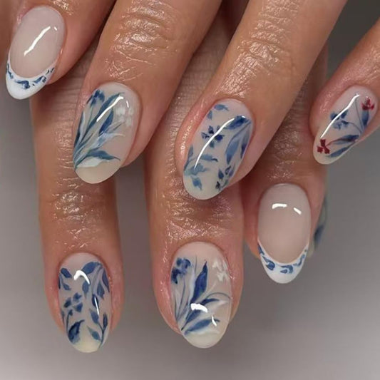 24Pcs Medium Press on Nails Blue Flower Fake Nails with White French Tip Floral Spring Almond False Nails Glossy Full Cover Stick on Nails Artificial Reusable Acrylic Nails for Women Girls