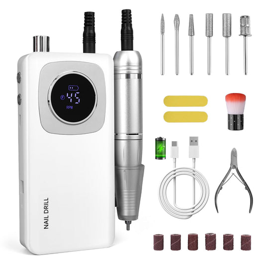 Rvggher Portable Electric Nail Drill Professional 45000 RPM, Rechargeable Electric Nail File Machine Kit for Acrylic Gel Nails Polishing Removing, Quiet E-File with Bits for Manicure Salon Home