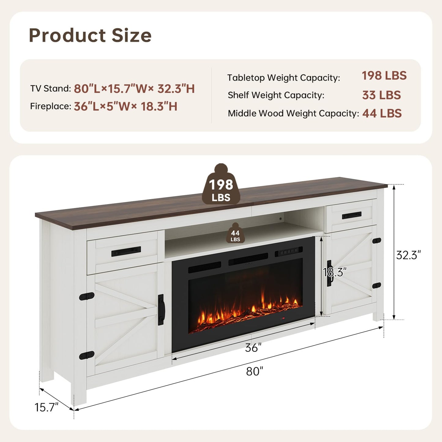 Nordivale Fireplace TV Stand with Barn Door for TVs up to 90", Farmhouse 80" Fireplace Entertainment Center with Storage Cabinets, White TV Stand and Black Fireplace