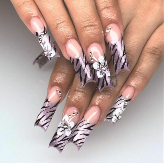 24Pcs Purple Press on Nails Long Coffin French Tip False Nails Glossy Flower Acrylic Fake Nails with Glitter Rhinestones Design Black Stripes Stick on Nails Reusable Glue on Nails for Women