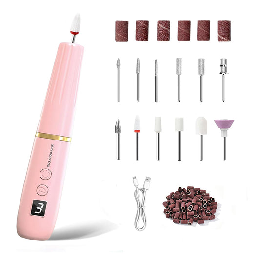 XunmotorYao Professional Electric Nail Drill File, Cordless Nail Drill Machine kit for Acrylic Gel Dip, 12 in 1 Nail Machine Kit Portable Rechargeable Manicure Pedicure Tools for Home Salon(Pink)