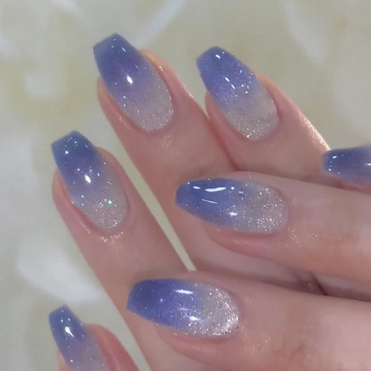 Hkanlre Bling Coffin Press on Nails Fake Nails Tips Full Cover Medium False Gradient Nails for Women and Girls 24PCS (Blue gradient bling)