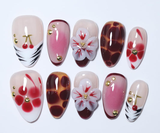 10Pcs Short Almond Handmade Press On Nails | Nude Pink & Red Ombre with Cherry, Tortoiseshell Print & 3D Floral Decor | Reusable Salon-Quality Fake Nails for Women and Girls(251213, S)