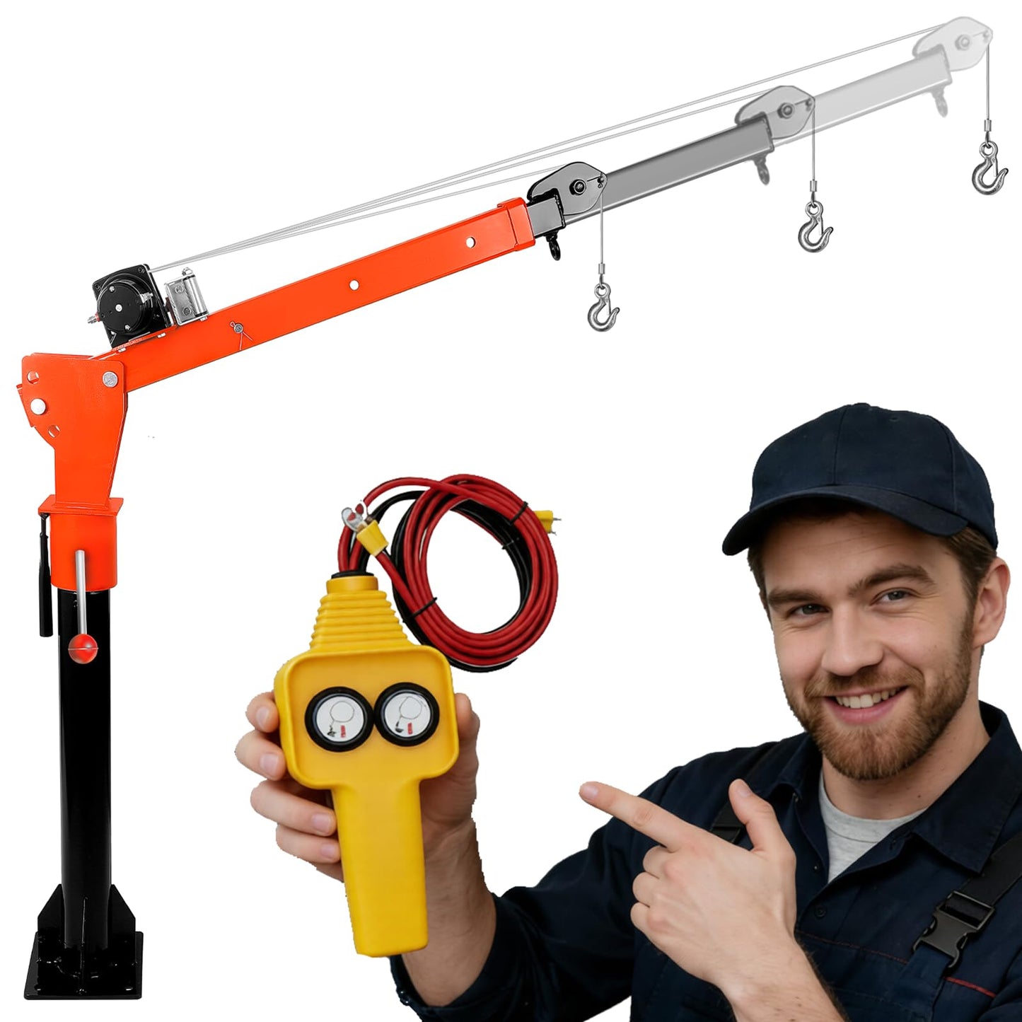 DEFNES 2000LBS Truck Bed Crane, 3500LBS 12V Electric Winch, Painted Alloy Steel Pickup Truck Jib Crane 360° Swivel Lift Electric Hoist, 3 Adjustable Loads & Heights, Pre-Lubricated (3500LBS)