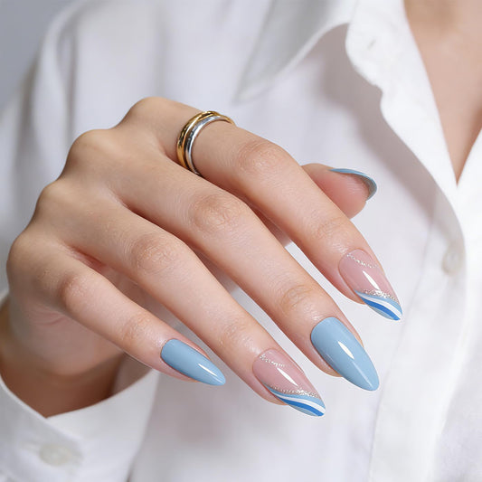 Goolich Bright Blue French Tip Press On Nails Medium Almond, Sheer Nude Pink Nails Press ons Set with Adhesive Tabs, 24 Pcs 12 Size Reusable Full Cover Glue on Nails for Women