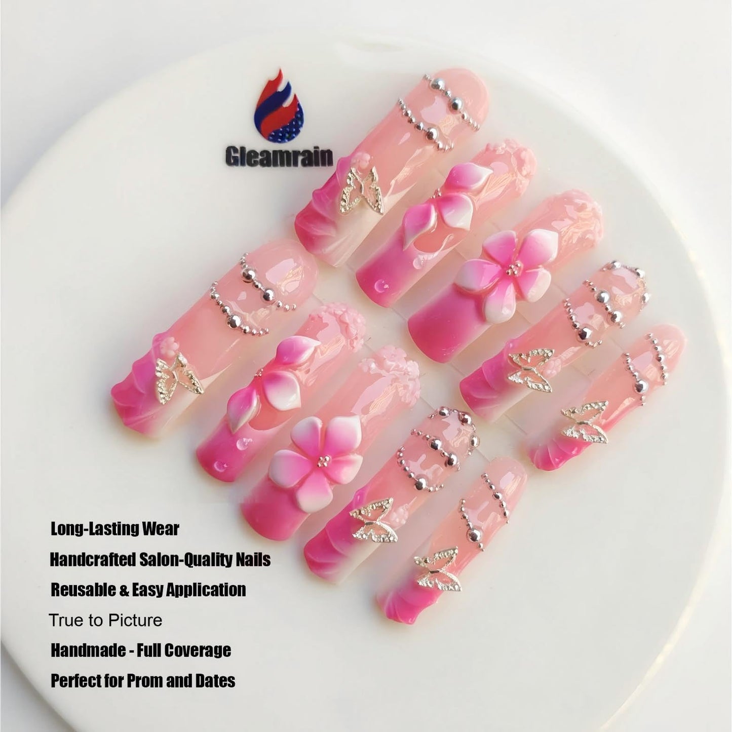 Gleamrain Pink Handmade Curve Press on Nails Long Square Shape M Size with Flower and French Tips Design for Women,Use for Prom and Party or Vacation Holiday 10pcs Pattern 03