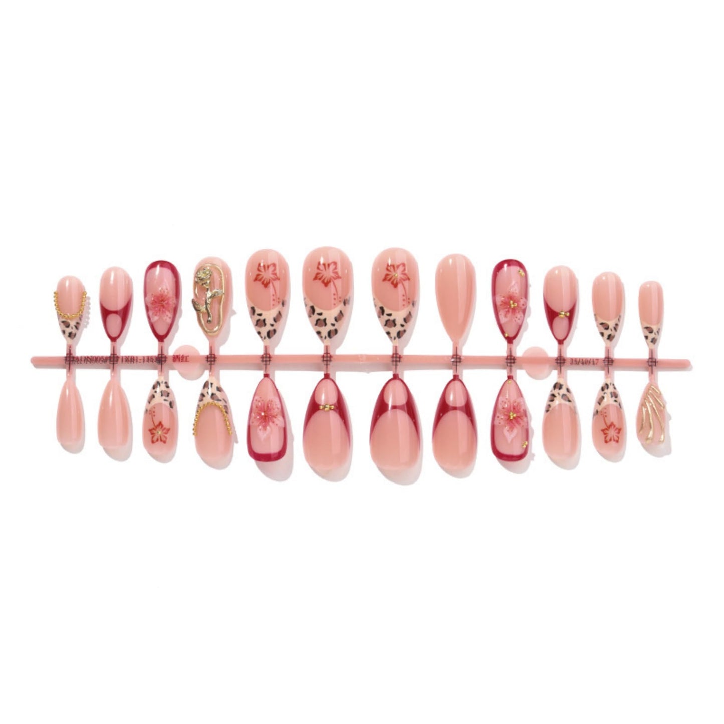 SEENEEY Almond Press on Nails Long Fake Nails Red Artificial Nail Pink Floral and Gold Charm Designs Stick on Nail for Women 24pcs
