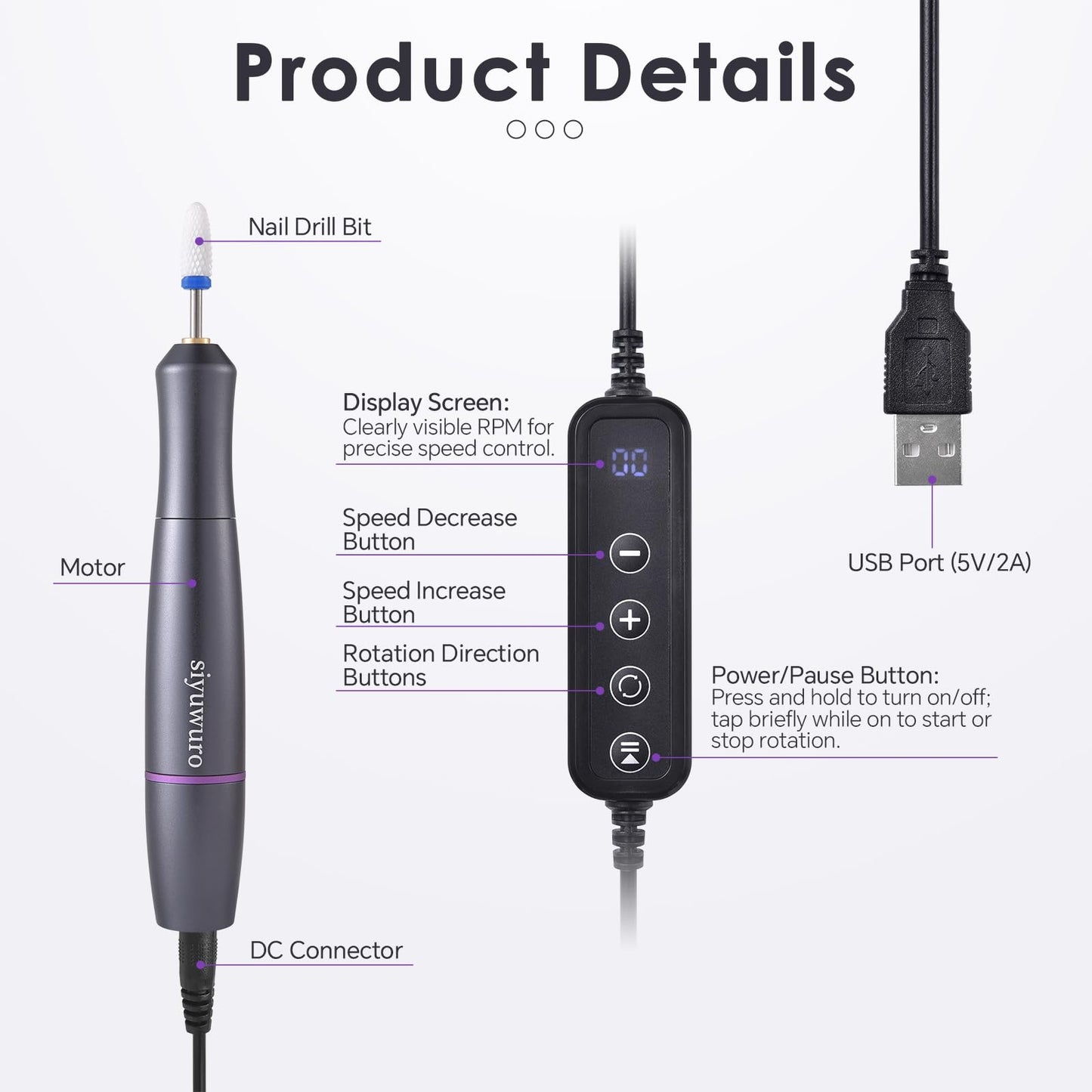 siyuwuro Electric Nail Drill Machine Portable Electric Nail File for Acrylic Gel Dip Powder Nails Professional Manicure Pedicure Tools Kit with Nail Drill Bits Sanding Bands, for Home DIY &Salon, Grey