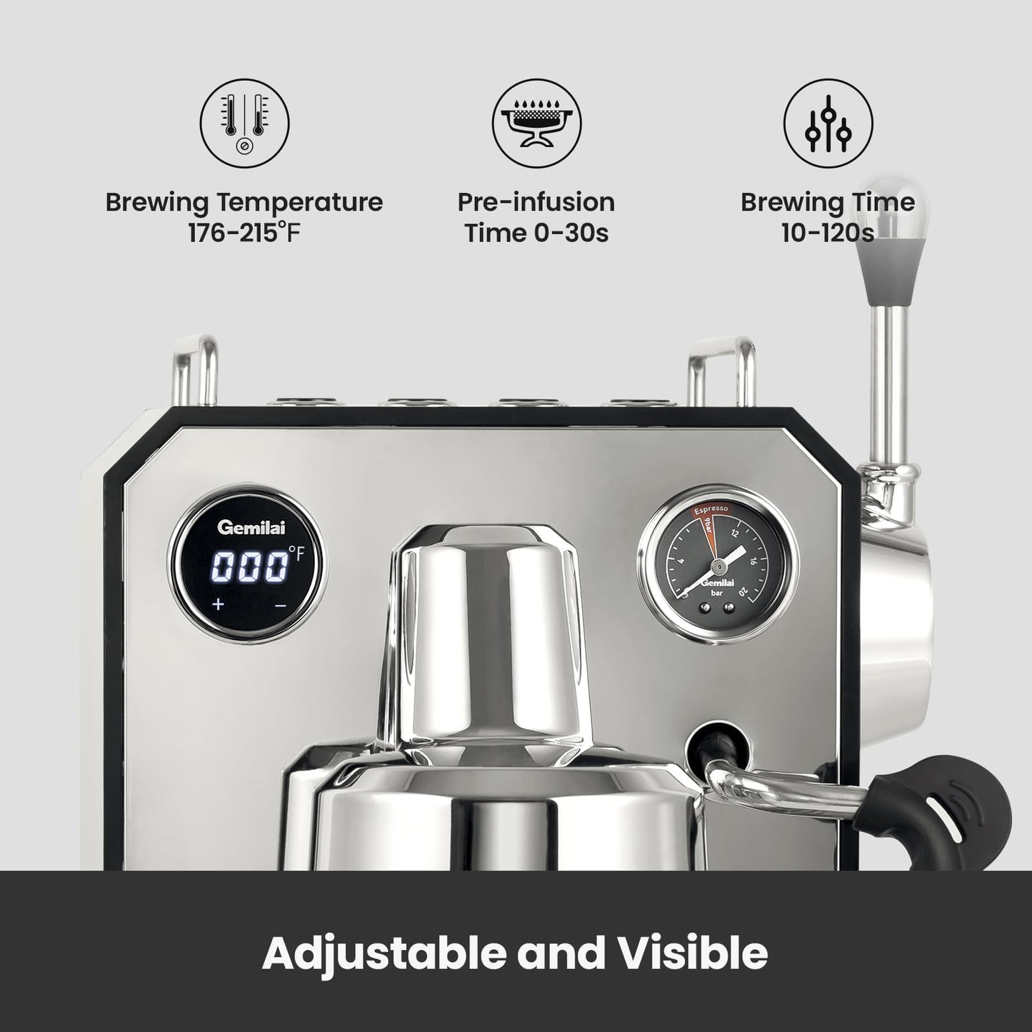 Gemilai Owl Espresso Machine, 15 Bar Professional Semi-Automatic Espresso Maker with Milk Frother Steam Wand & 57oz Removable Water Tank, Dual Display, for Cappuccino, Latte, G3006, Stainless Steel