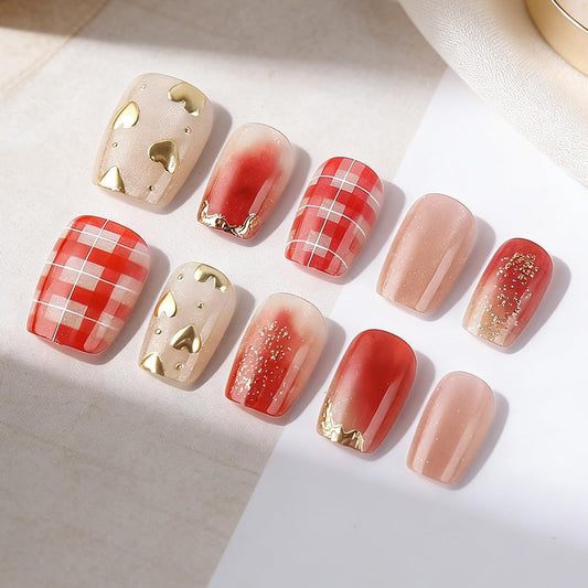 plalely Square Press on Nails Short Red Stripes Fake Nail Cute Embossed Heart Acrylic Nail Press ons Sparkly Glitter Stick on Nail for Women 24pcs