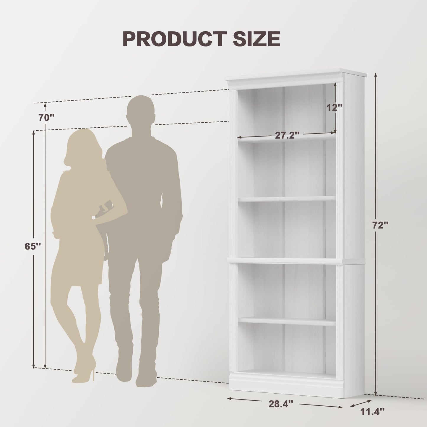YESHOMY 72" Bookcase and Bookshelf, 5-Tier Wood Bookcases with Shelves, Tall Floor Standing Book Shelf Storage Cabinet Home Decor Furniture for Living Room, Home Office, White, 2 PCS